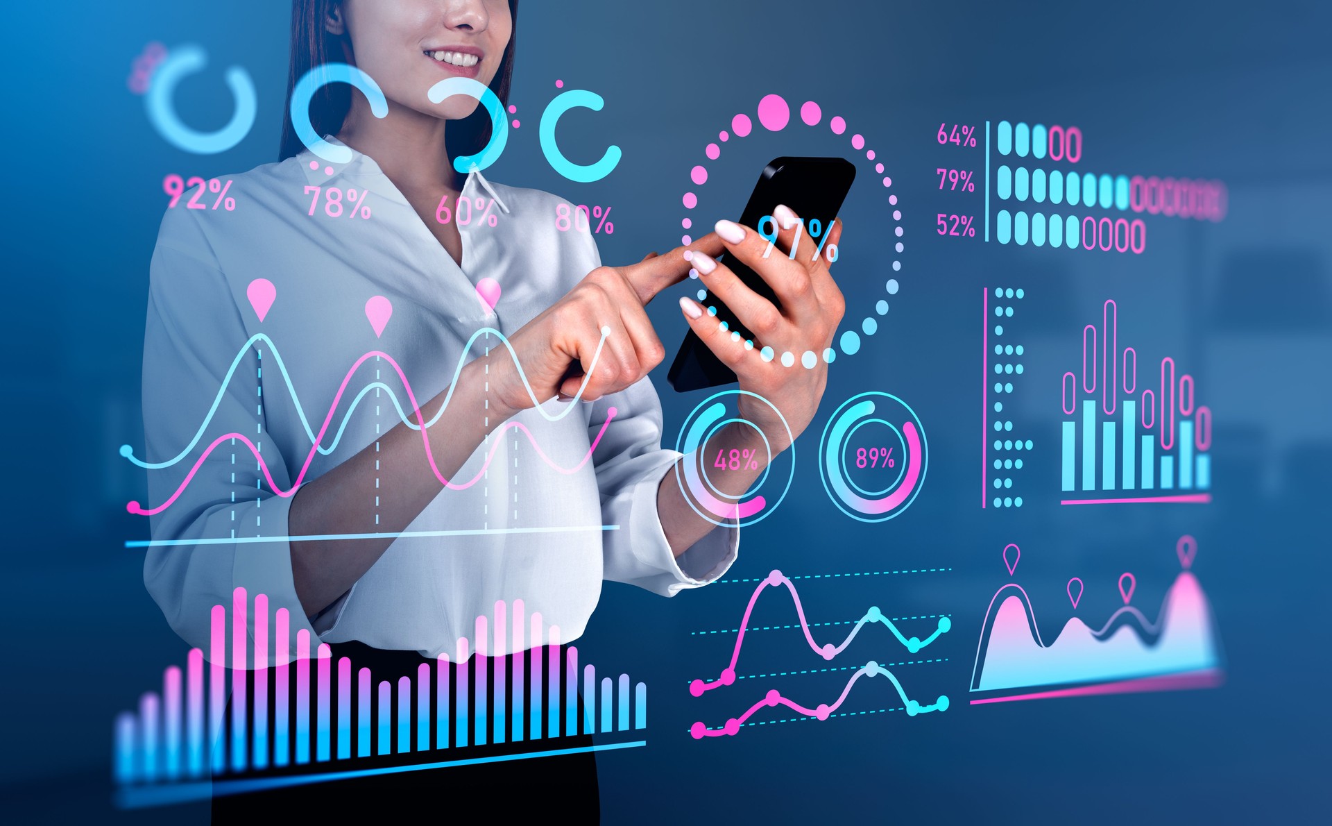 Businesswoman finger touch smartphone, forex graph chart with analytics