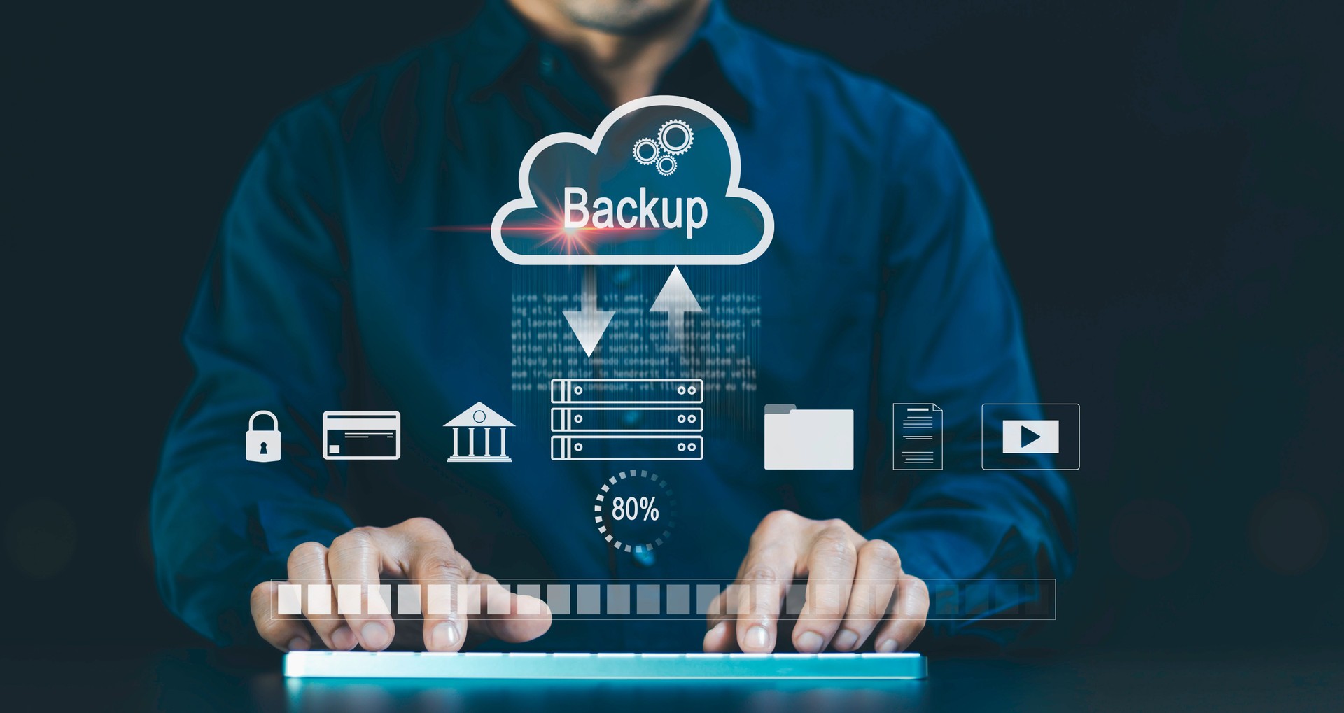 Backup Concept, Database storage cloud technology file data transfer sharing, big data information for financial online marketing, internet banking or computer download upload backup cloud drive.