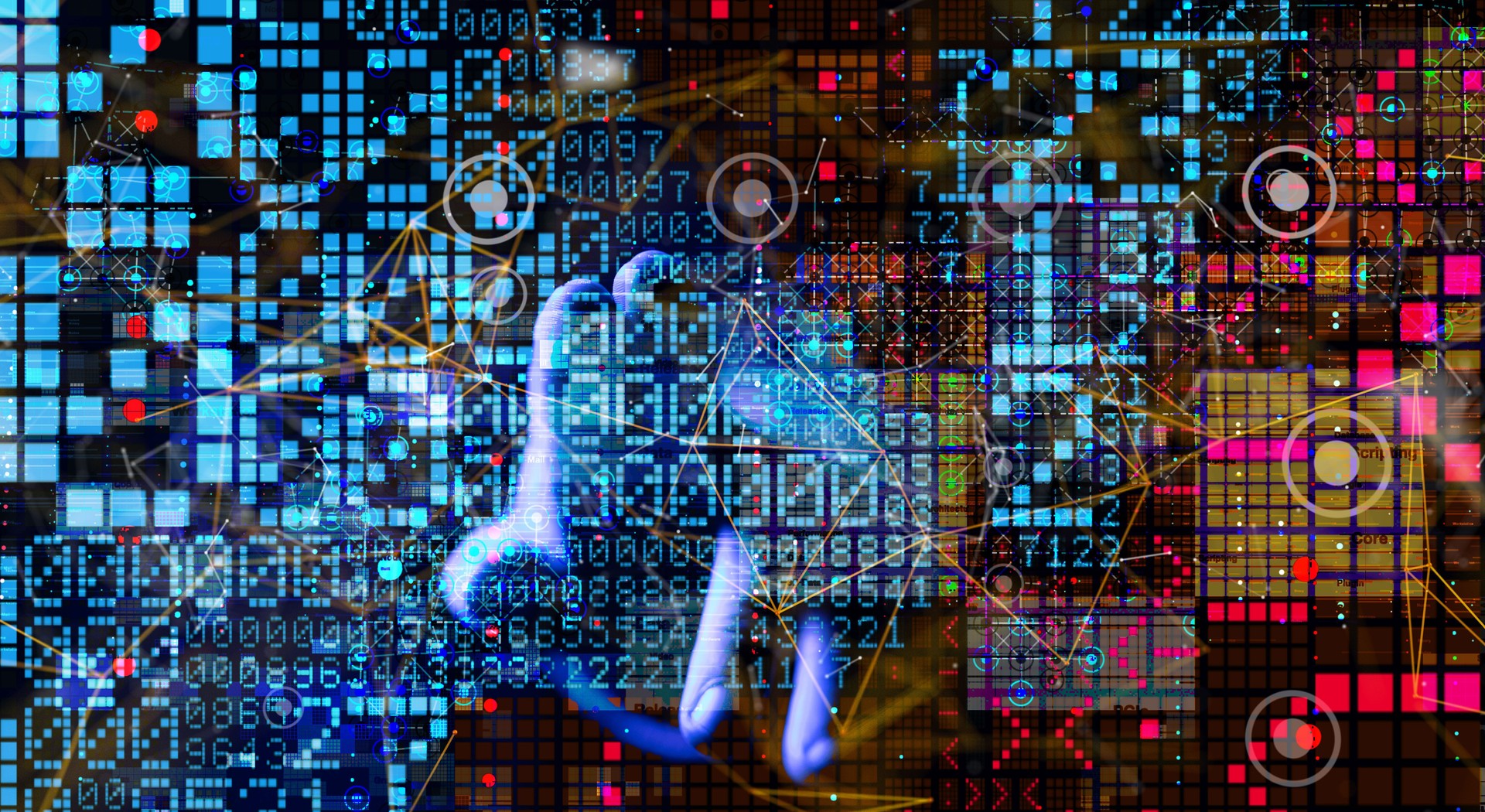 Person touching a big data and cybersecurity 3d rendered illustrative symbols